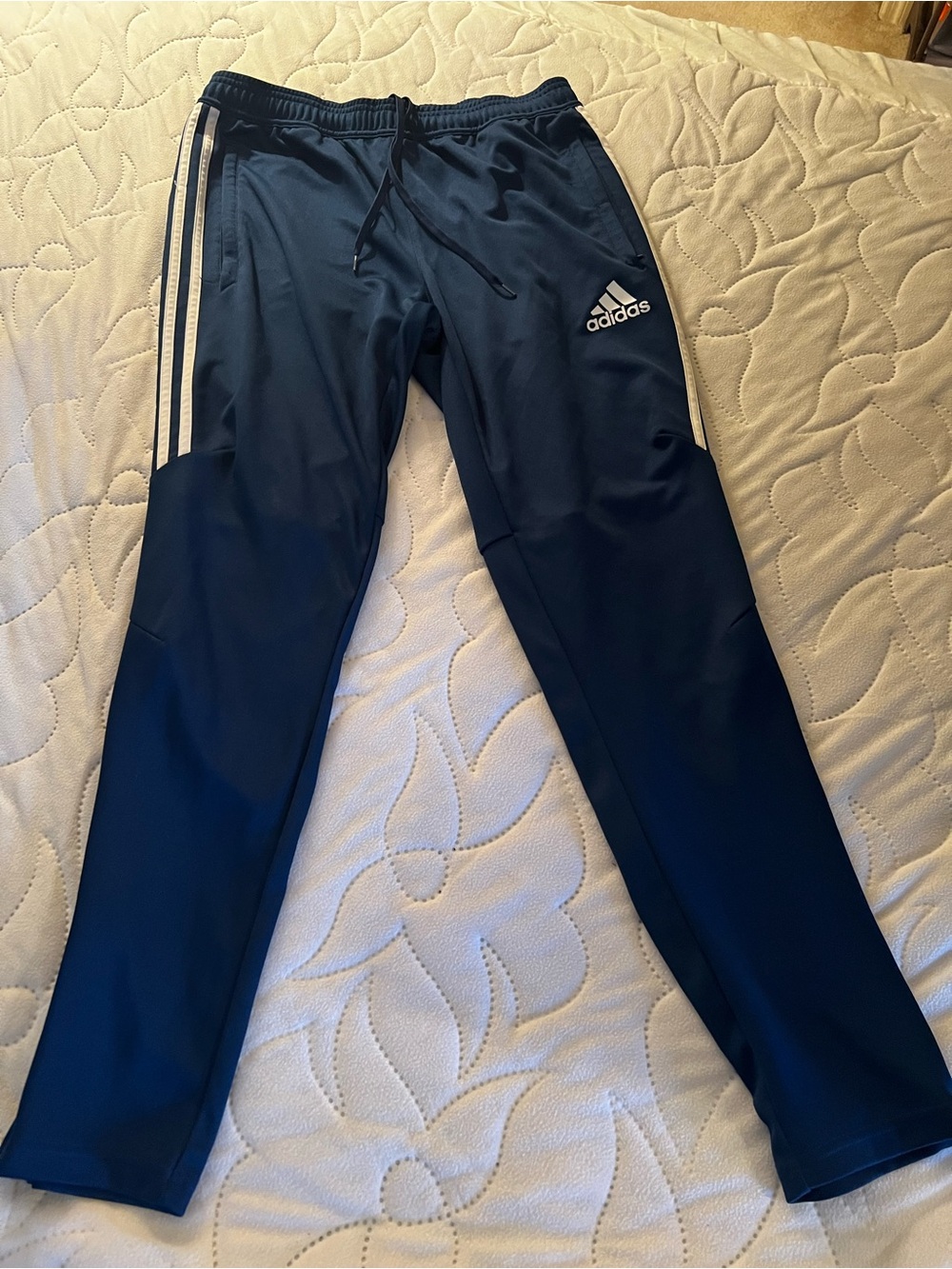 Adidas Men L  Navy Joggers Climacool White Side Stripes-Zipper tappered bottom